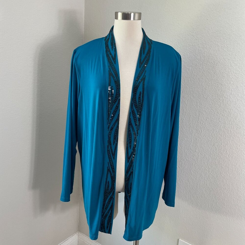 Bob Mackie Wearable Art Plus 1X Cardigan Turquoise Sequin Trim Open Front
